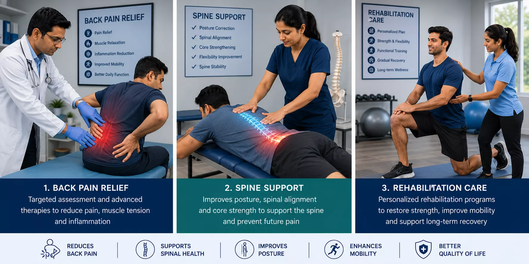 Back pain relief, spine support, and rehabilitation care